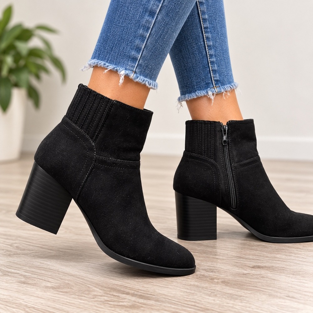 LC Lauren Conrad Black Faux Suede Ankle Boots Block Heel Booties Size 8 Medium